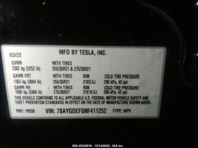 Tesla Model Y 2022 7SAYGDEF0NF411252 Image 9
