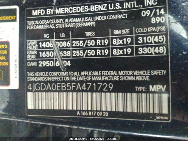 2015 Mercedes-Benz M-Class, VIN: 4JGDA0EB5FA471729