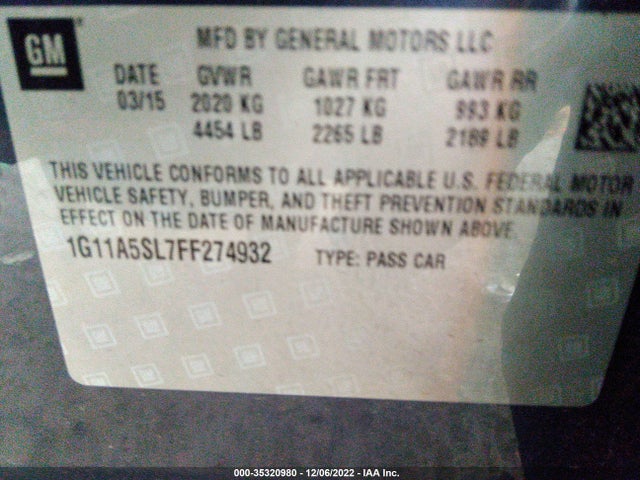 2015 Chevrolet Malibu, VIN: 1G11A5SL7FF274932