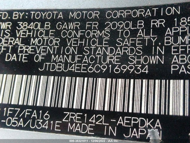 2012 TOYOTA COROLLA L/LE/S VIN: JTDBU4EE6C9169934