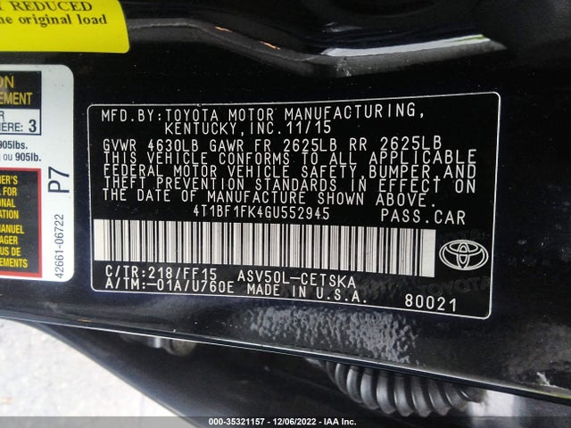 2016 TOYOTA CAMRY XLE/SE/LE/XSE VIN: 4T1BF1FK4GU552945