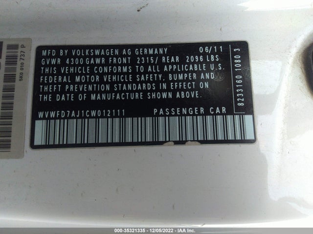 2012 VOLKSWAGEN GTI W/CONV & SUNROOF PZEV VIN: WVWFD7AJ1CW012111