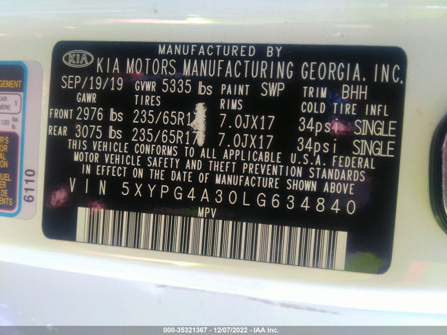 2020 Kia Sorento, VIN: 5XYPG4A30LG634840
