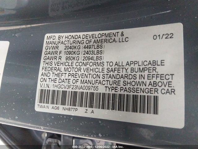 2022 Honda Accord, VIN: 1HGCV3F23NA009755