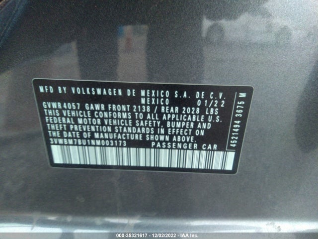 2022 Volkswagen Jetta, VIN: 3VWBM7BU1NM003173