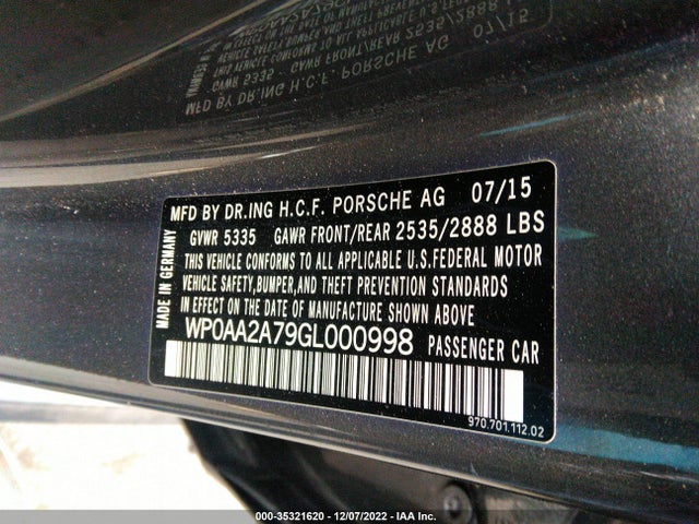 2016 Porsche Panamera, VIN: WP0AA2A79GL000998