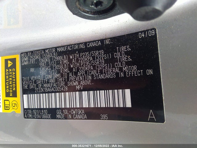 2010 LEXUS RX 350 VIN: 2T2ZK1BA6AC005428
