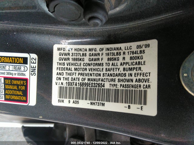 2009 HONDA CIVIC SDN EX VIN: 19XFA16899E032654