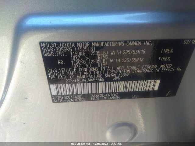 2018 Toyota RAV4, VIN: 2T3YFREV4JW455568