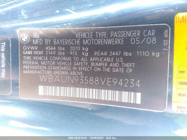 BMW 1 Series 135i 2008 WBAUN93588VE94234 Image 10