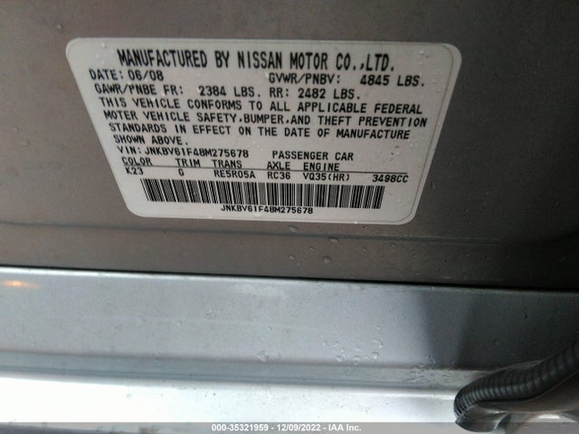 2008 INFINITI G35 SEDAN X VIN: JNKBV61F48M275678