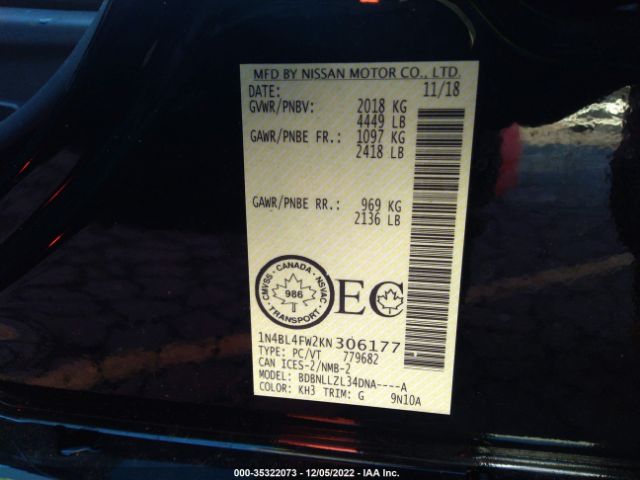 1N4BL4FW2KN306177 Nissan Altima 2.5 Platinum