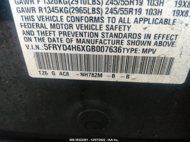 5FRYD4H6XGB007636 Acura Mdx W/tech/entertainment/w