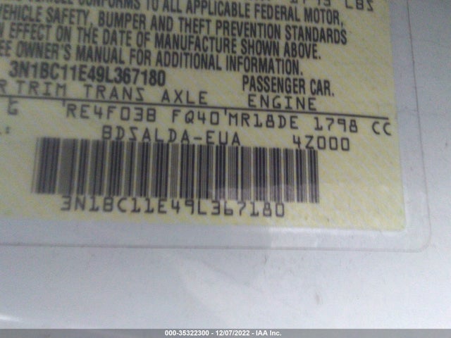 2009 NISSAN VERSA 1.8 S VIN: 3N1BC11E49L367180