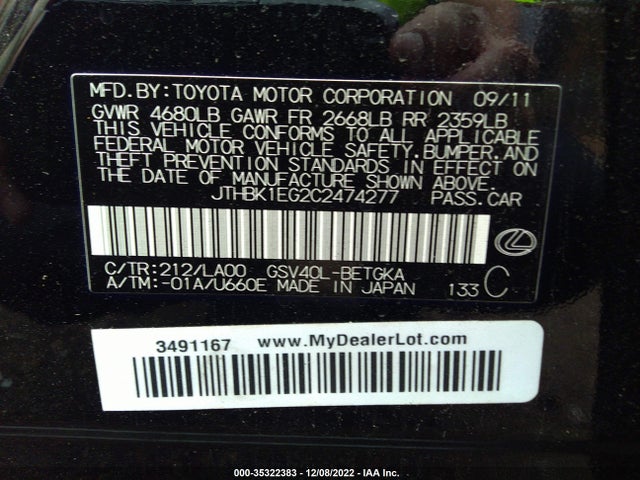 Lexus ES 350 2012 JTHBK1EG2C2474277 Image 10