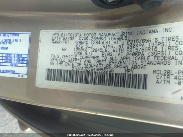 2004 TOYOTA SIENNA XLE VIN: 5TDZA22C94S056366