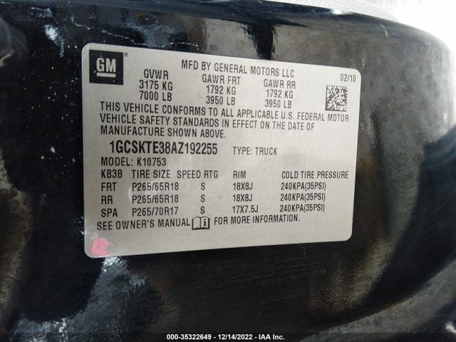 2010 CHEVROLET SILVERADO 1500 LTZ VIN: 1GCSKTE38AZ192255