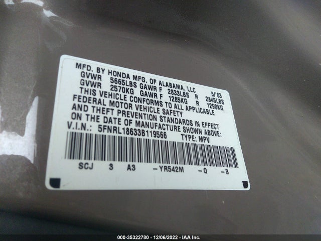 2003 HONDA ODYSSEY EX VIN: 5FNRL18633B119566