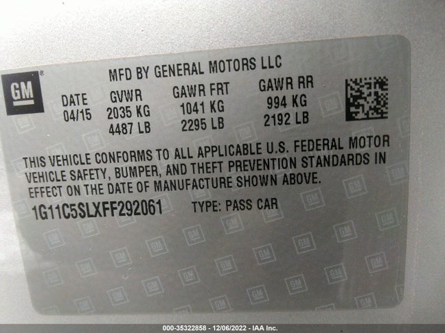 2015 Chevrolet Malibu, VIN: 1G11C5SLXFF292061