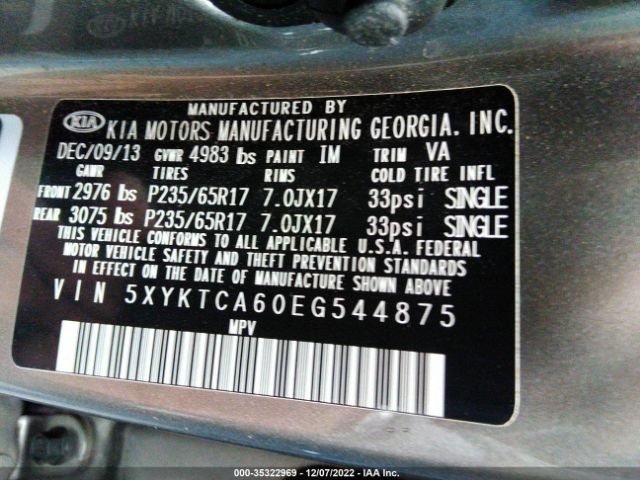 5XYKTCA60EG544875 KIA SORENTO LX