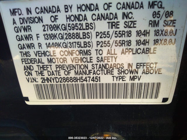 2HNYD28688H547451 Acura Mdx Tech/pwr Tail Gate