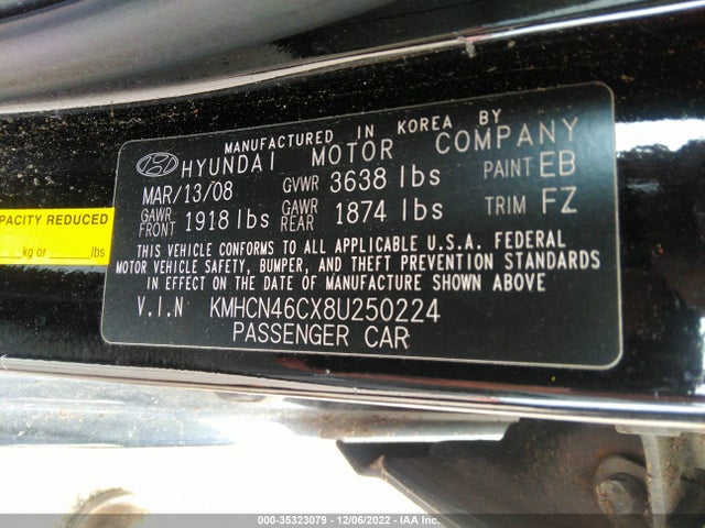 2008 HYUNDAI ACCENT GLS VIN: KMHCN46CX8U250224