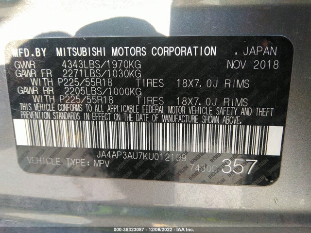 2019 Mitsubishi Outlander, VIN: JA4AP3AU7KU012199