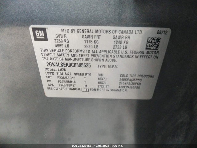 2012 GMC TERRAIN SLE-2 VIN: 2GKALSEK9C6385625