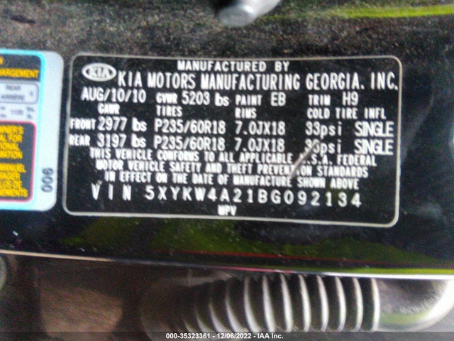 2011 KIA SORENTO SX VIN: 5XYKW4A21BG092134