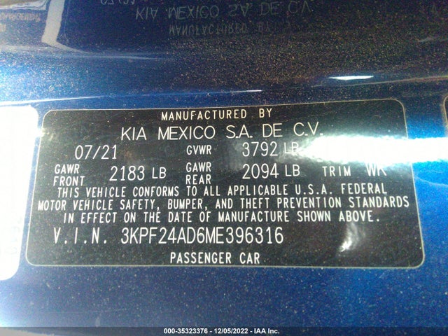 2021 Kia Forte, VIN: 3KPF24AD6ME396316