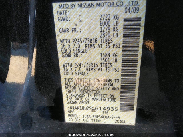 2009 NISSAN PATHFINDER S VIN: 5N1AR18U29C614935