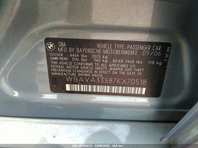 2007 BMW 3 SERIES 328I VIN: WBAVA33587KX70518