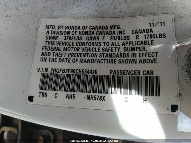 2012 HONDA CIVIC SDN EX-L VIN: 2HGFB2F96CH534420