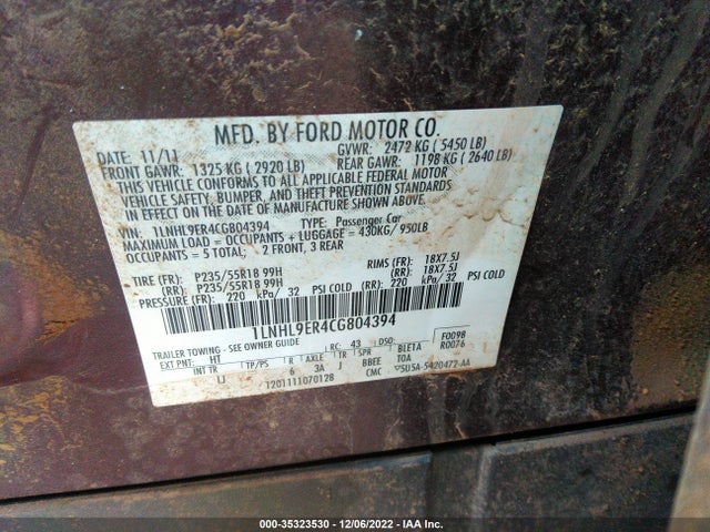 Lincoln MKS 2012 1LNHL9ER4CG804394 Image 9
