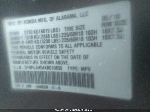 2019 Honda Odyssey, VIN: 5FNRL6H54KB010858