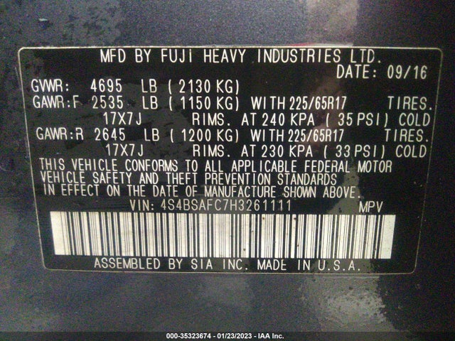 2017 Subaru Outback, VIN: 4S4BSAFC7H3261111