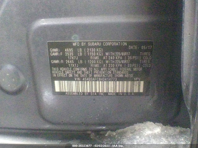 2017 SUBARU OUTBACK PREMIUM VIN: 4S4BSAFC8H3414773