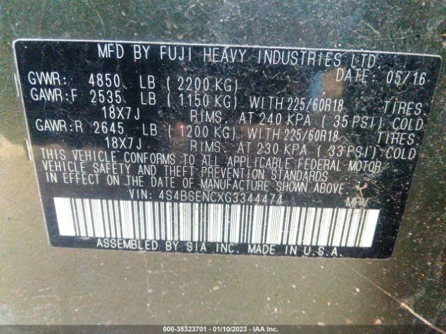 4S4BSENCXG3344474 Subaru Outback 3.6r Limited