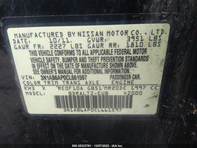 2012 NISSAN SENTRA 2.0 S VIN: 3N1AB6AP0CL661597