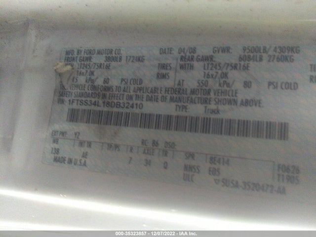 2008 FORD ECONOLINE CARGO VAN COMMERCIAL/RECREATIONAL VIN: 1FTSS34L18DB32410