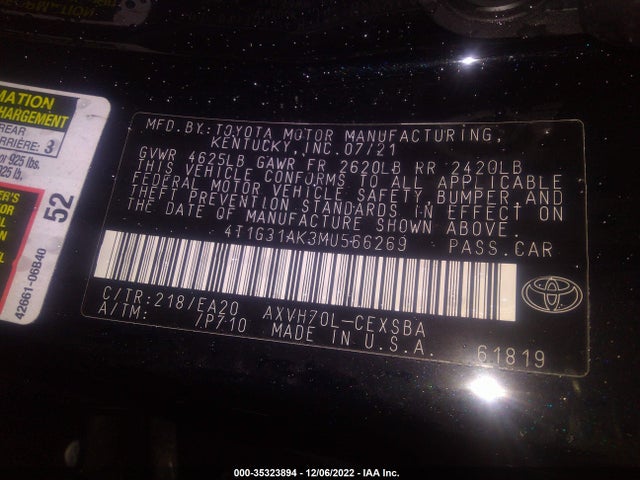 2021 Toyota Camry, VIN: 4T1G31AK3MU566269