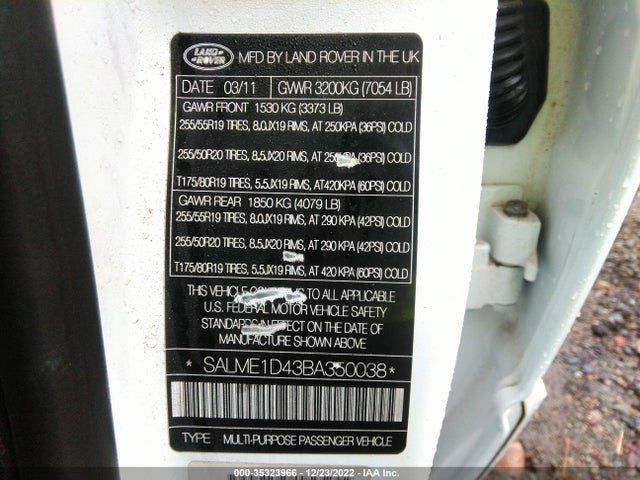 2011 LAND ROVER RANGE ROVER HSE VIN: SALME1D43BA350038