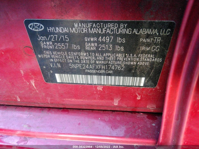 2015 HYUNDAI SONATA 2.4L SE VIN: 5NPE24AFXFH174762