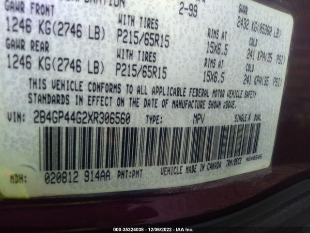 1999 DODGE GRAND CARAVAN SE VIN: 2B4GP44G2XR306560