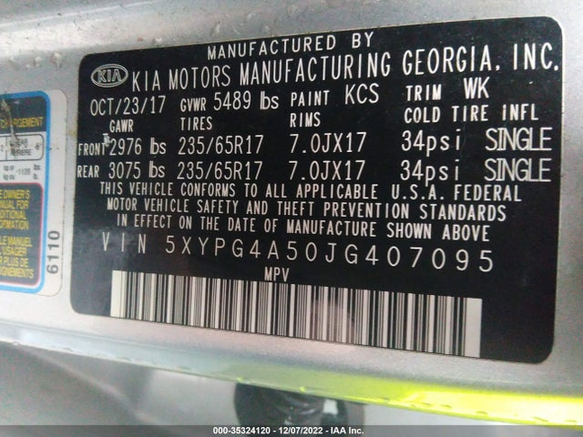 2018 Kia Sorento, VIN: 5XYPG4A50JG407095