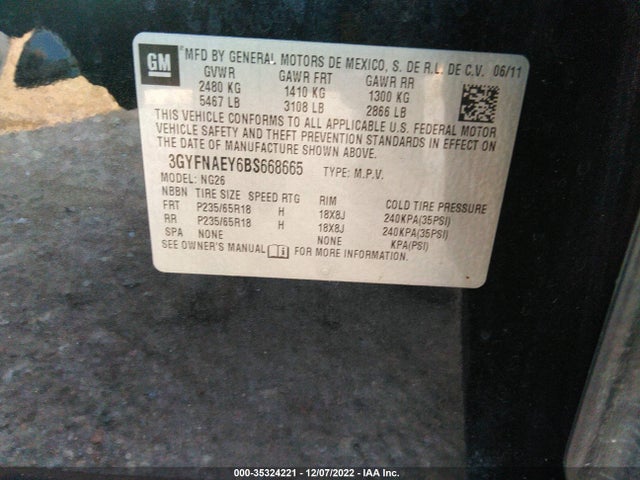 3GYFNAEY6BS668665 Cadillac Srx Luxury Collection