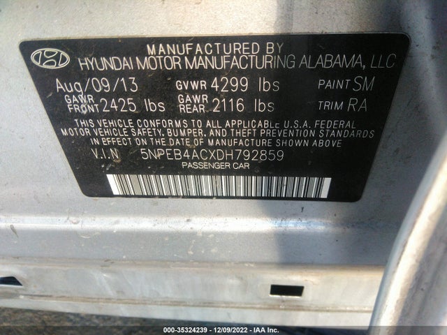 2013 HYUNDAI SONATA GLS VIN: 5NPEB4ACXDH792859