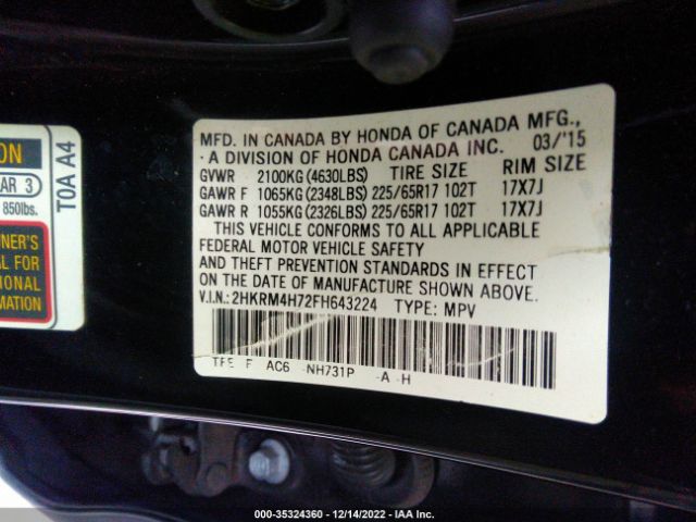 2HKRM4H72FH643224 Honda Cr-v Ex-l