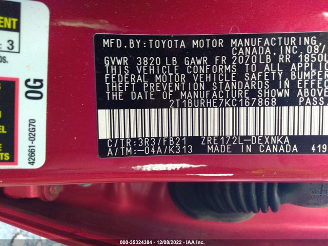 2019 TOYOTA COROLLA L/LE/SE/XLE/XSE VIN: 2T1BURHE7KC167868