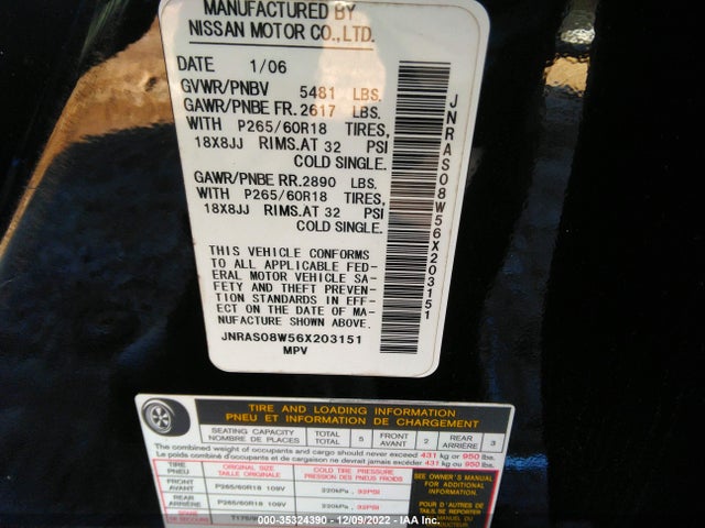 2006 INFINITI FX35 VIN: JNRAS08W56X203151